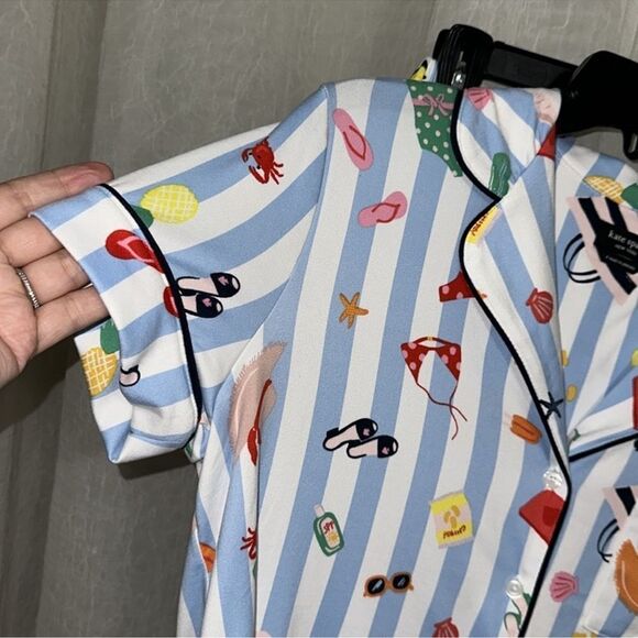 kate spade S White Aqua Blue Vertical Stripe Beach Themed Top Crop Pants PJ Set - Picture 6 of 11